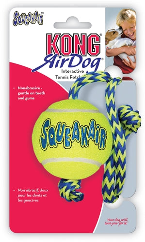 Kong Air Squeaker Ball Met Touw Geel/Blauw